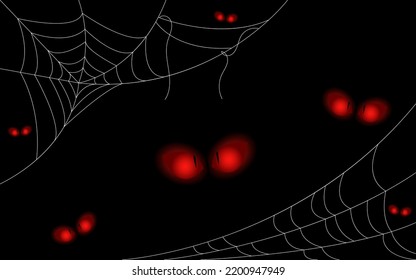 Creepy eyes and cobweb background. Scary halloween symbol isolated on black vector illustration. Design for banner, background, postcard