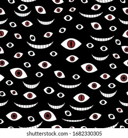 Creepy eyes and smiles of monsters in the dark. Seamless vector pattern