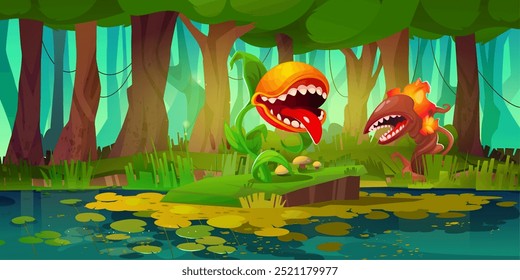 Paisaje espeluznante del bosque de la fantasía con los monstruos carnívoros de la planta con los dientes y la lengua en boca en la flor que se coloca en la orilla del pantano o del río. Vector de dibujos animados bosque de miedo con criaturas alienígenas.