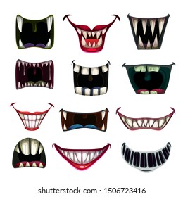 Creepy Fantasy Monsters Mouth Set. Vector Scary Jaws Collection. Colorful Icons.