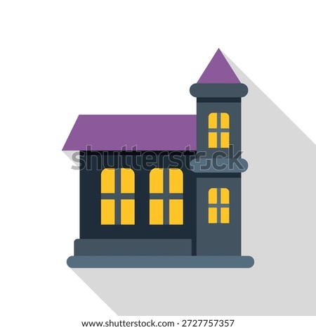Creepy flat design haunted house with glowing windows on a white background
