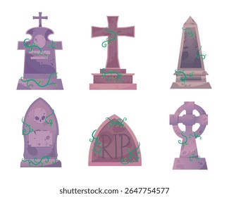 Creepy flat vector tombstone collection for Halloween featuring cracked graves with skulls, RIP signs, crosses, and climbing vines. Perfect for party decorations, posters, spooky cards, and invitation