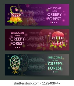 Creepy forest banners concept. Predator plants illustraions set.