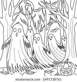 Bosque espeluznante con fantasmas para colorear, página para colorear esquema de Halloween