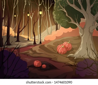 Creepy forest landscape with trees, swamp, lanterns and pumpkins. Mysterious scenery background. Vector illustration