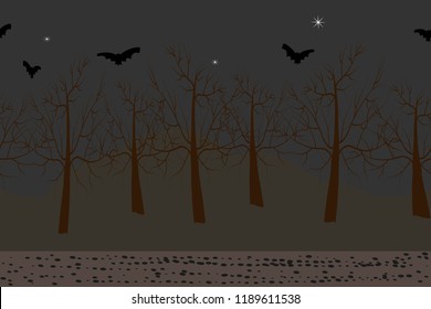 Creepy forest,  seamless horizontal background. Dry trees and bats. Game environment illustration