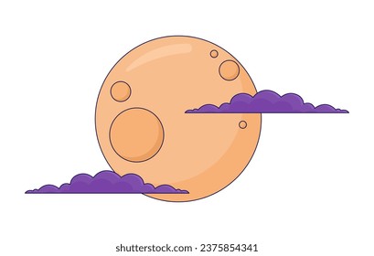 Creepy full moon clouds 2D linear cartoon object. Halloween night isolated line vector element white background. Scary moon cloudy sky. Fantasy mystery. Moonlight evening color flat spot illustration
