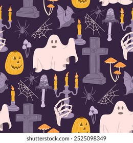 Creepy e divertido Halloween padrão sem costura com mão desenhado elementos relacionados. Fantasma assustador, tumba, teia de aranha, valete de lanterna. Design de impressão bonito para Halloween em fundo escuro