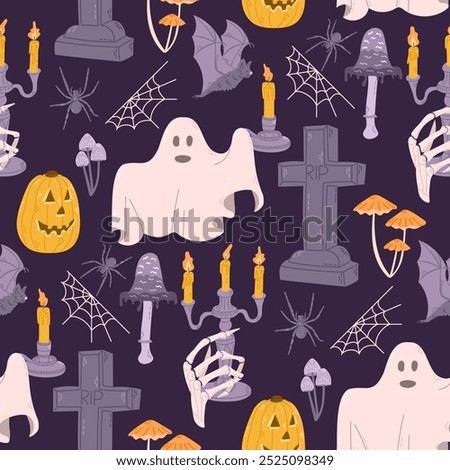 Creepy and Fun Halloween seamless pattern with hand drawn related elements. Scary ghost, tomb, spider web, jack o lantern . Cute print design for Halloween on dark background