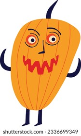 Creepy funky pumpkin with an evil muzzle, An illustration in a modern childish hand-drawn style