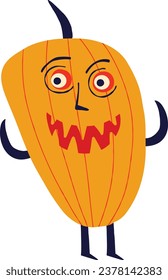 Creepy funky pumpkin with an evil muzzle, An illustration in a modern childish hand-drawn style