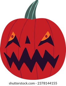 Creepy funky pumpkin with an evil muzzle, An illustration in a modern childish hand-drawn style