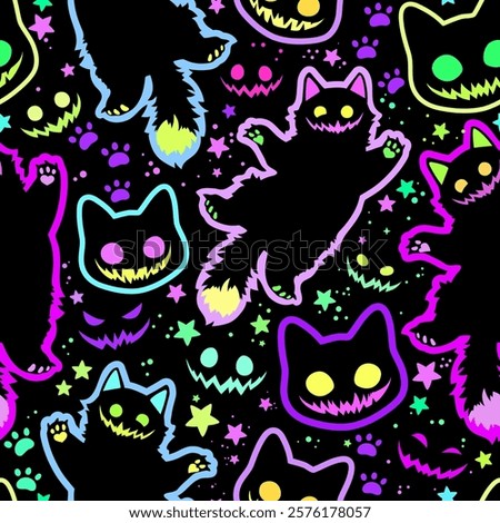 Creepy and funny cats smiling widely. Seamless vector pattern