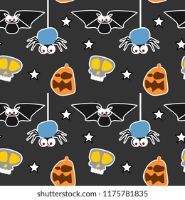 Creepy funny halloween vector pattern with seamless kids drawing style for baby and children fashion textile print background.
