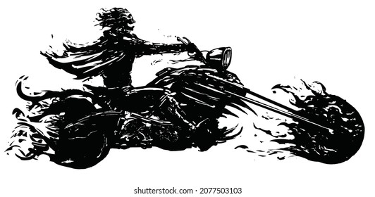 A creepy and funny skeleton on an incredibly long bike rides laughing at high speed, he is burning with black fire, his demonic motorcycle with a mouth in front is burning with him. 2d  illustration