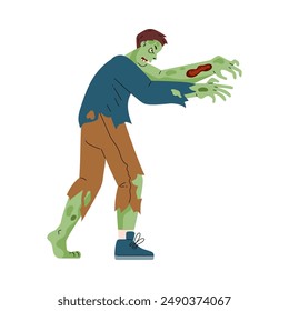 Espeluznante juego de configuración. Un zombi con ropas rasgadas y heridas va en busca de su presa. El temible icono de Halloween está aislado sobre un fondo blanco