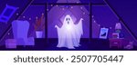 Creepy ghost in the attic at night. Vector illustration depicting a funny screaming ghost with interior furniture. Perfect for Halloween themes and horror houses. Flat style.