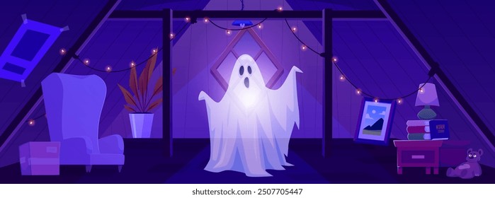 Fantasma espeluznante en el ático por la noche. Ilustración vectorial que representa un fantasma gritando divertido con muebles interiores. Perfecto para temas de Halloween y casas de terror. Estilo plano.