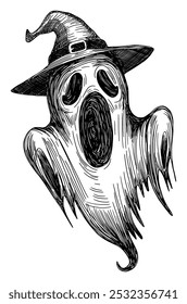 fantasma assustador em bruxa chapéu pontiagudo gritos isolados no fundo branco halloween mão desenhado esboço boca aberta olhos ocos estranhas expressão design elemento linha arte vetor detalhado ilustração