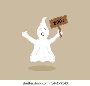 creepy ghost with wooden table and text BOO