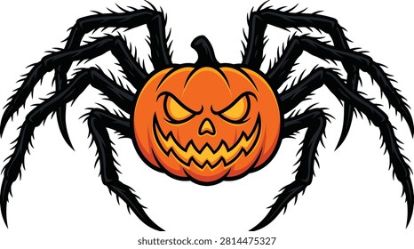 Creepy giant spider with pumpkin head halloween decoration.