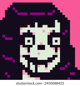 Creepy girl with skeleton face in Halloween costume scary portrait avatar pixel female character, cartoon vector icon, game user or web profile person, people, social net, young woman face, crypto art