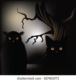 Creepy gnarled tree cat and owl background. EPS 10 vector, grouped for easy editing. No open shapes or paths.