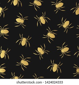 Creepy golden spider seamless pattern for Halloween party. October night scary background.