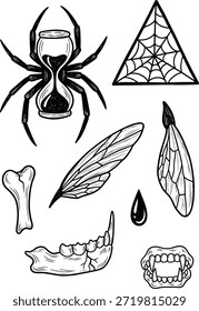 Gruselige Gothic Blackwork Kollektion mit Spider-Sanduhr, anatomischen Knochen, Vampirzähnen, detaillierten Insektenflügeln und okkulten Web-Formen