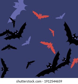 Creepy Gothic Colorful Print Background. Purple Retro Motion Spooky Halloween Modern Design. Night Black Attack Scary Red Bats Vector Design Pic. Eyes Pink Sky Chaos Flying Bats Art Pattern.