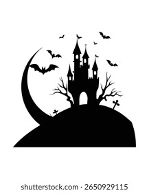 Creepy Graveyard with Crosses, Bats And Old Fence Silhouette Halloween Vector