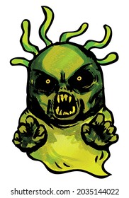 creepy green ghost screams and looks scary vector illustration halloween
