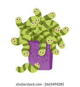 Vermes verdes assustadores de xícara. Ilustração de comida zumbi de Halloween. Copo transbordando com vermes listrados verdes com olhos vermelhos. Conceito de comida assustadora e estranha para Halloween ou design com tema zumbi.