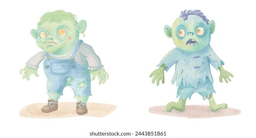 creepy green zombie watercolour vector illustration 