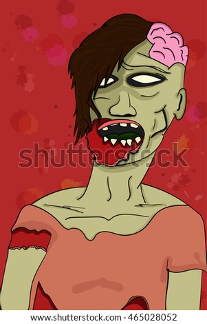Creepy grey illustrated colorful zombie in cartoon style with visible green brain, bloody injury and empty eyes on bloody red background with splashes, shadows and drops. 