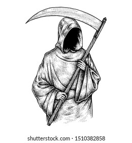 Creepy Grim Reaper, Hand Drawn Illustration, Pointillism, Isolated Vector