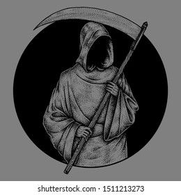 Creepy Grim Reaper, Hand Drawn Illustration, Pointillism, Isolated Vector