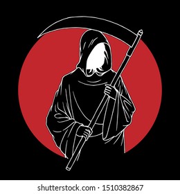 Creepy Grim Reaper, Simple Line Art Illustration, Hand Drawn, Isolated Vector