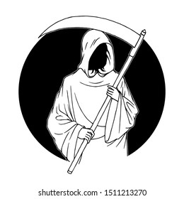 Creepy Grim Reaper, Simple Line Art Illustration, Hand Drawn, Isolated Vector