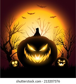 Creepy Halloween angry pumkin face copyspace background