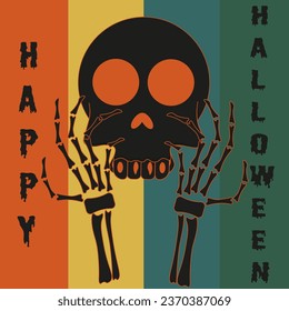 Creepy Halloween avant-garde banner with cartoon Scary Skull with Bone Hands. Design of Halloween poster, banner, card cover with skeleton inscription. Vector illustration. Helloween Party invitation.