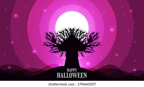 Creepy Halloween background with big spooky tree under moonlight and starry sky
