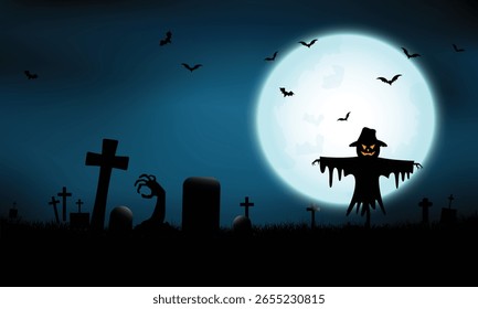 Plano de fundo assustador de Halloween com lua cheia e cemitério