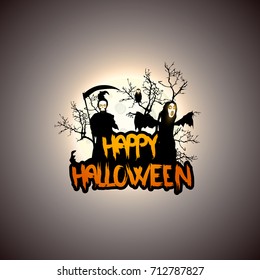 Creepy Halloween Background with Full Moon and Scary Mysterious Creatures. Vector Illustration