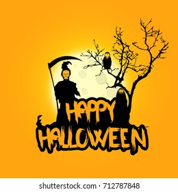 Creepy Halloween Background with Full Moon and Scary Mysterious Creatures. Vector Illustration