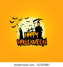 Creepy Halloween Background with Full Moon and Scary Mysterious Creatures. Vector Illustration