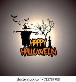 Creepy Halloween Background with Full Moon and Scary Mysterious Creatures. Vector Illustration