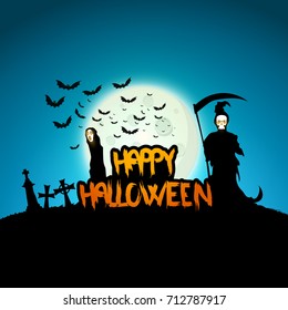 Creepy Halloween Background with Full Moon and Scary Mysterious Creatures. Vector Illustration