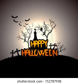 Creepy Halloween Background with Full Moon and Scary Mysterious Creatures. Vector Illustration