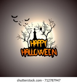 Creepy Halloween Background with Full Moon and Scary Mysterious Creatures. Vector Illustration